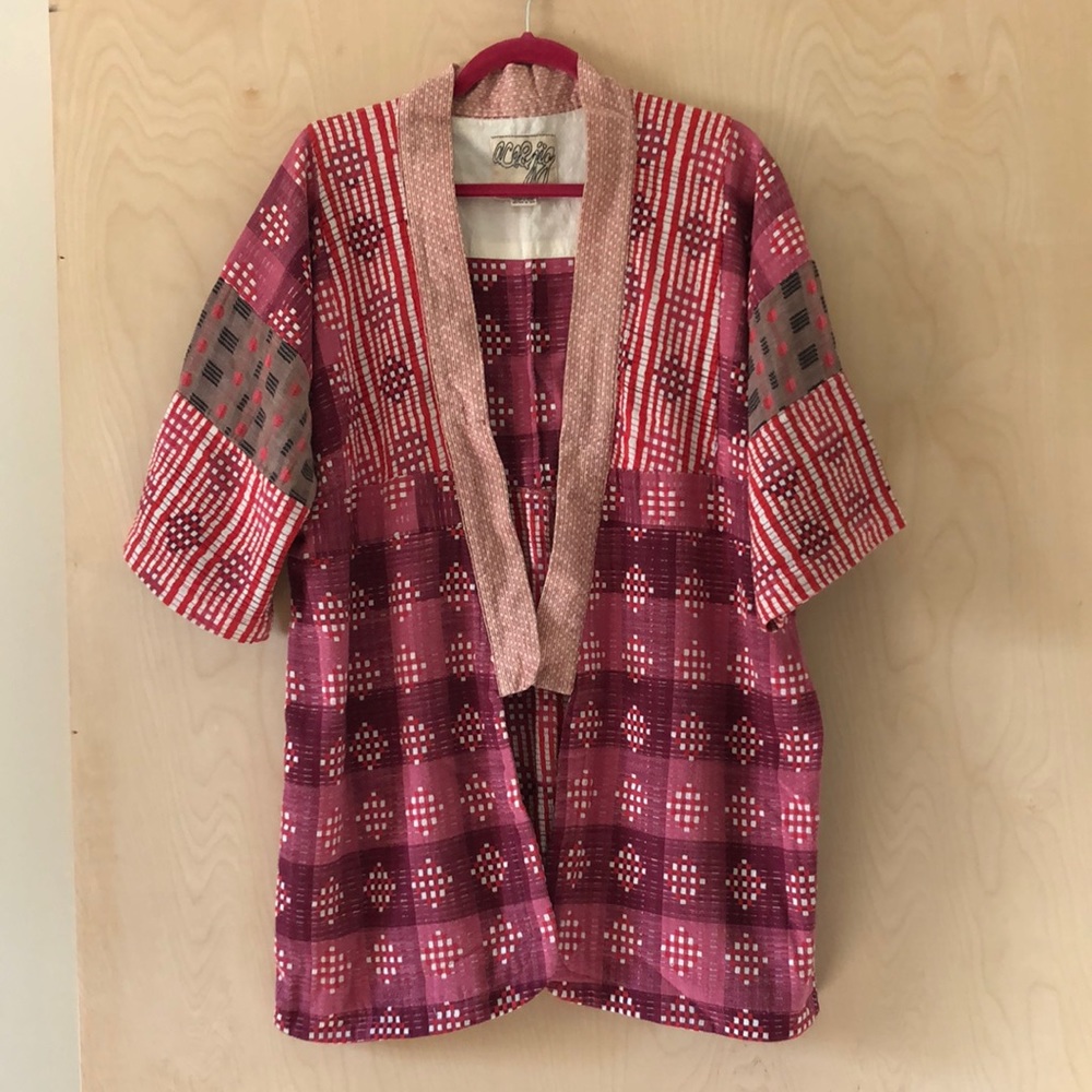 Ace & Jig damask long cardigan in reds, pinks, white